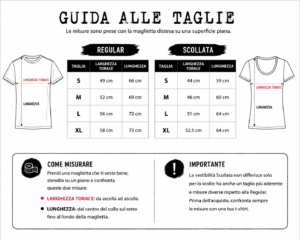Guida alle taglie delle magliette Romina Falconi con misure delle vestibilità Regular e Scollata.