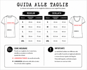 Guida alle taglie delle magliette Rottincuore con misure delle vestibilità Regular e Scollata dalla S alla 2XL.