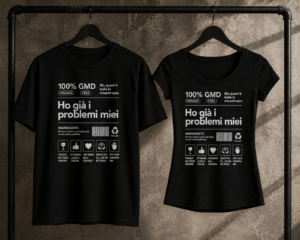 Maglietta nera "Ho già i problemi miei" di Romina Falconi nelle vestibilità Regular e Scollata su gruccia.