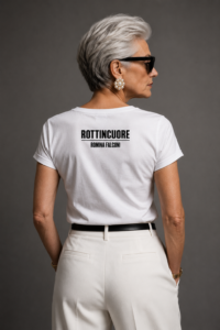 Retro della maglietta bianca Ti Includo a Sangue di Romina Falconi con marchio Rottincuore stampato sul colletto.